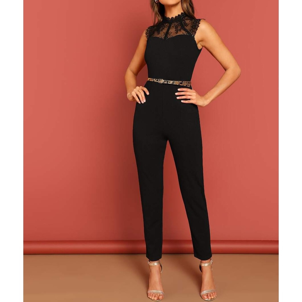 Black Sleeveless Contrast Lace Cocktail Jumpsuit